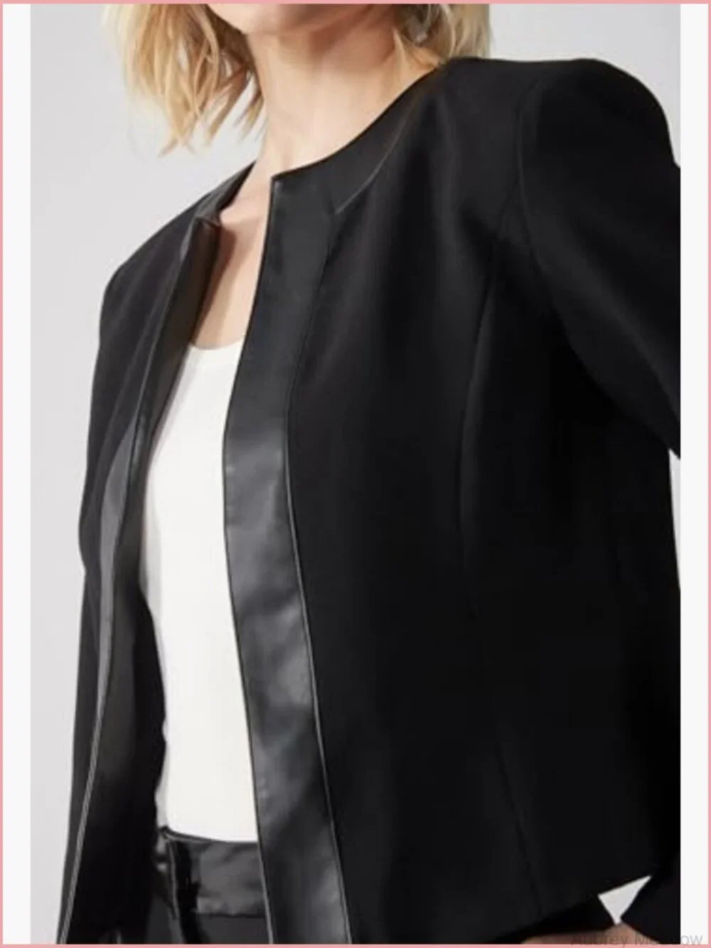 Collarless Blazer Jacket with Faux Leather Trim, Long Sleeve, Cropped